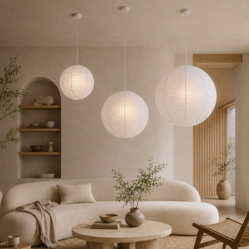 Підвісний білий світильник куля із білого рисового паперу з волокнами Ø40 см
